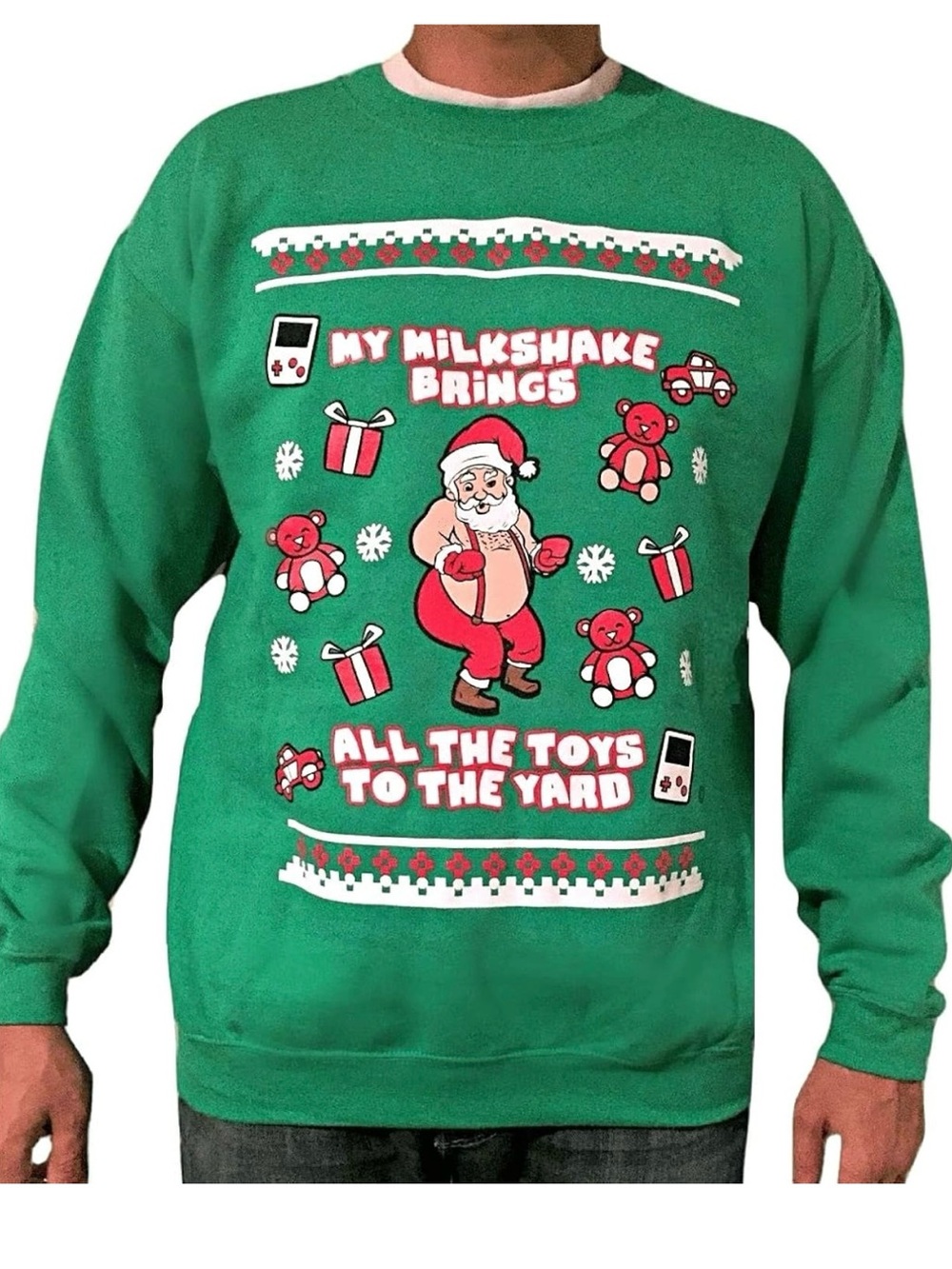 Ugly Christmas Graphic Green Sweater My Milkshake Brings All The Toys Medium
